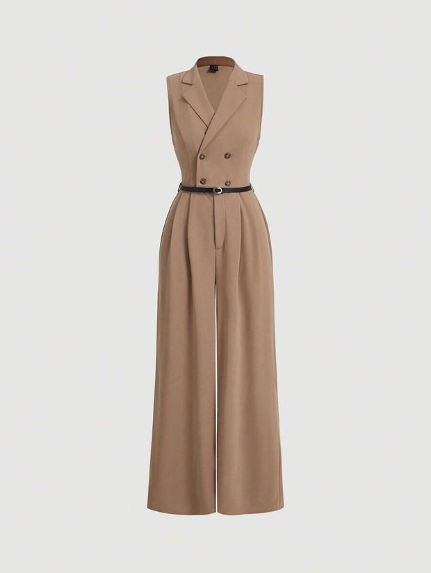 Elegant Lapel Neck Waist Wide Leg Jumpsuit, Casual Daily Women