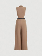 Elegant Lapel Neck Waist Wide Leg Jumpsuit, Casual Daily Women