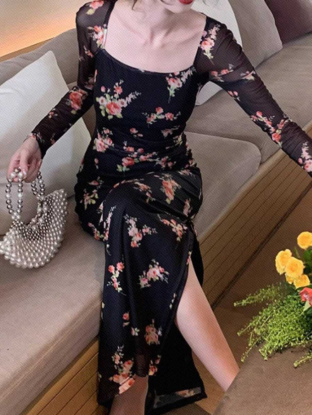 DAZY Homecoming Mesh Floral Print Square Neck Dress For Ladies Dress