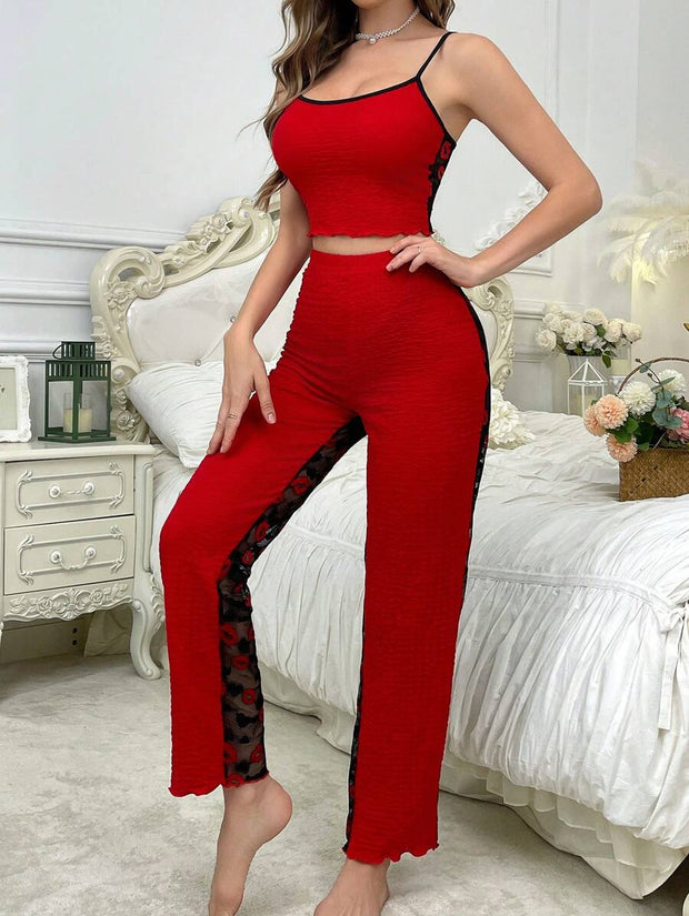 2pcs Contrast Color Lace See-Through Backless Sexy Camisole And Long Pants Sleepwear Set