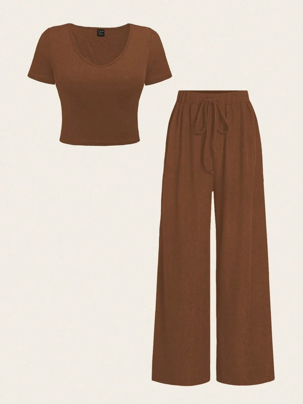 Chiquease 2pcs/Set Solid Color V-Neck Short Sleeve T-Shirt And Knotted Wide Leg Pants
