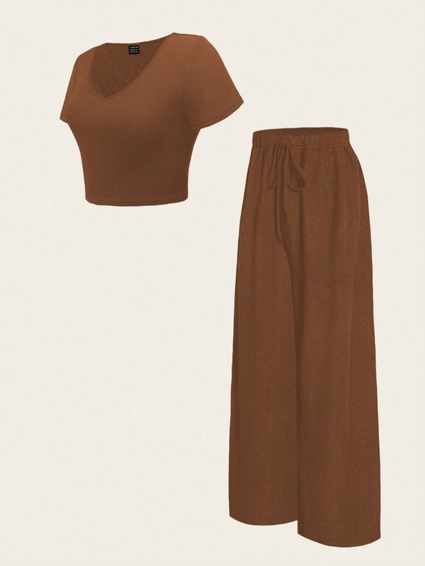 Chiquease 2pcs/Set Solid Color V-Neck Short Sleeve T-Shirt And Knotted Wide Leg Pants