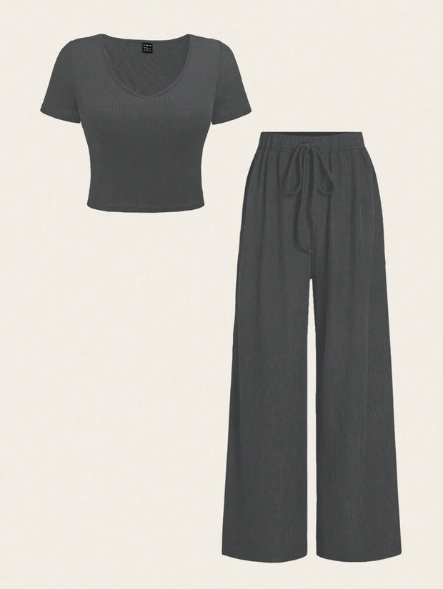 Chiquease 2pcs/Set Solid Color V-Neck Short Sleeve T-Shirt And Knotted Wide Leg Pants