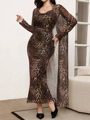 Set Leopard Print Mesh Sleeveless Dress And Cardigan Shawl 2 Piece Set