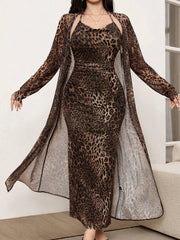 Set Leopard Print Mesh Sleeveless Dress And Cardigan Shawl 2 Piece Set