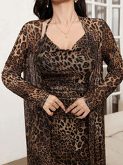 Set Leopard Print Mesh Sleeveless Dress And Cardigan Shawl 2 Piece Set