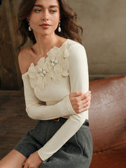 Anewsta Women's Floral Embroidered, Beaded & Rhinestone Decor One Shoulder Slim Fit Knit T-Shirt Top