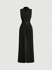 Elegant Lapel Neck Waist Wide Leg Jumpsuit, Casual Daily Women