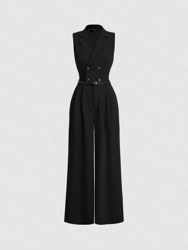 Elegant Lapel Neck Waist Wide Leg Jumpsuit, Casual Daily Women