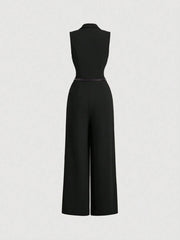 Elegant Lapel Neck Waist Wide Leg Jumpsuit, Casual Daily Women