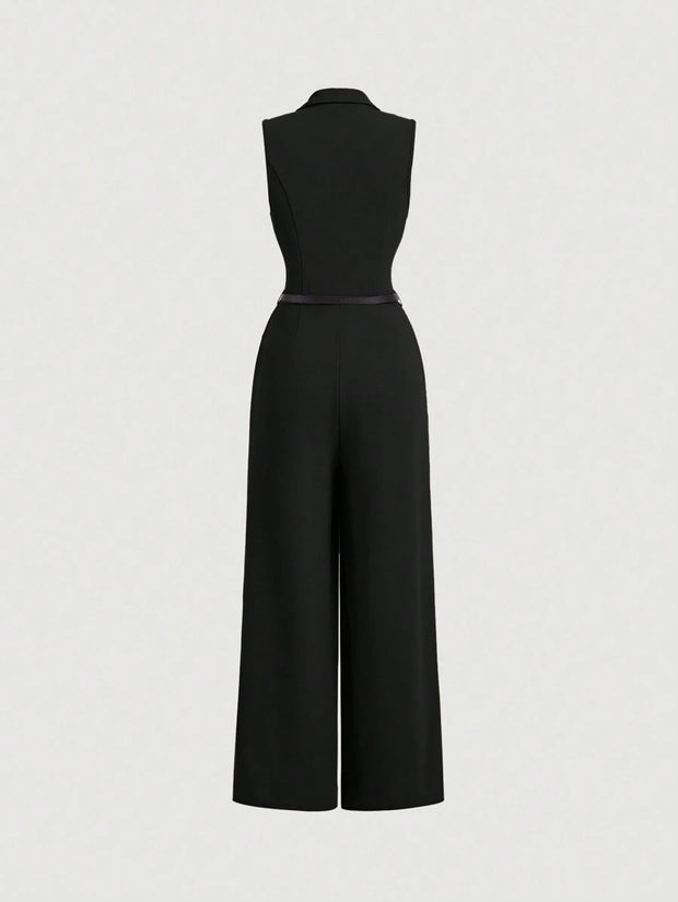 Elegant Lapel Neck Waist Wide Leg Jumpsuit, Casual Daily Women