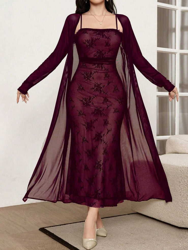 Modelyn 2pcs/Set Elegant Mesh Jacket And Slip Dress For Women, Autumn 2 Piece Set