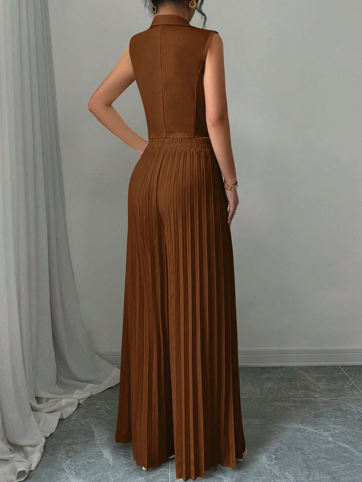 Elenzga Women Elegant Solid Color Notched Lapel Double Breasted Waistcoat And Wide Leg Pleated Suit Pants Set
