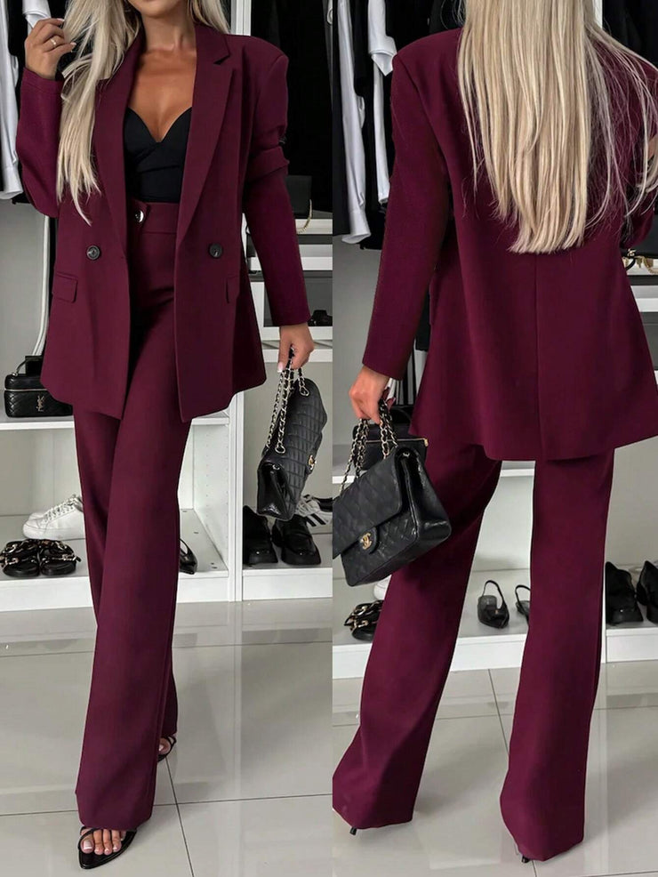 Elegant Double-Breasted Padded Shoulder Straight Leg Flared Pants Ladies 2 Pieces Suit