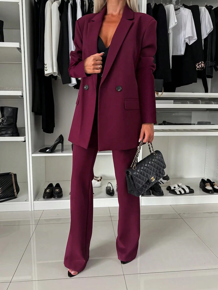 Elegant Double-Breasted Padded Shoulder Straight Leg Flared Pants Ladies 2 Pieces Suit