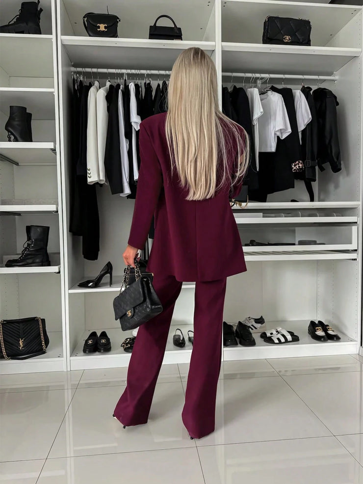 Elegant Double-Breasted Padded Shoulder Straight Leg Flared Pants Ladies 2 Pieces Suit