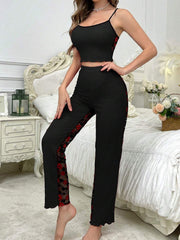 2pcs Contrast Color Lace See-Through Backless Sexy Camisole And Long Pants Sleepwear Set
