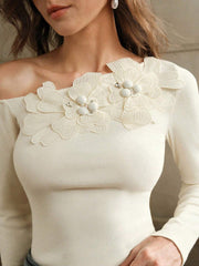 Anewsta Women's Floral Embroidered, Beaded & Rhinestone Decor One Shoulder Slim Fit Knit T-Shirt Top