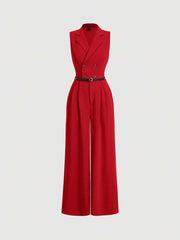 Elegant Lapel Neck Waist Wide Leg Jumpsuit, Casual Daily Women