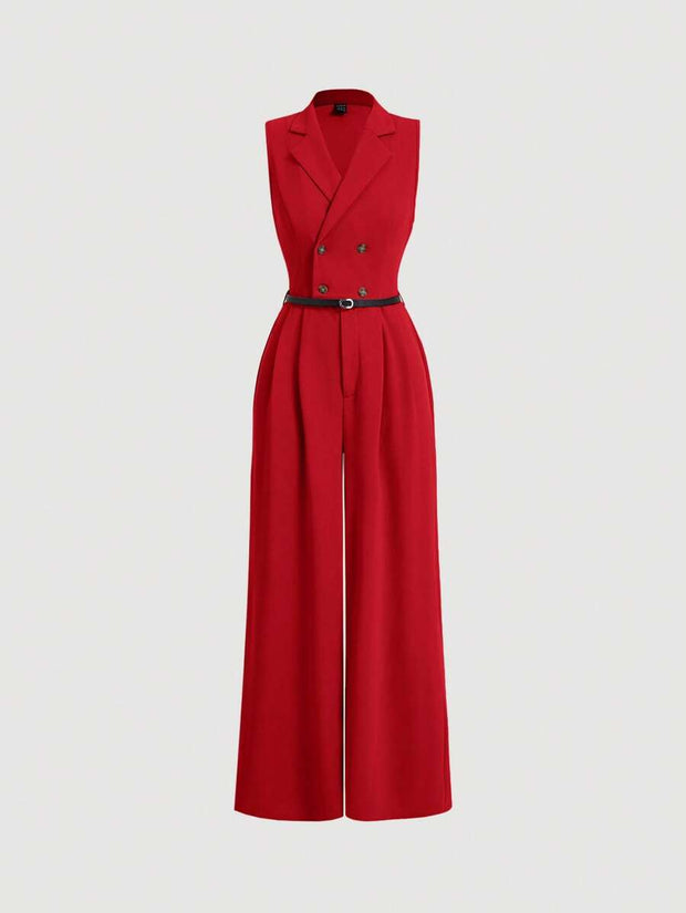 Elegant Lapel Neck Waist Wide Leg Jumpsuit, Casual Daily Women