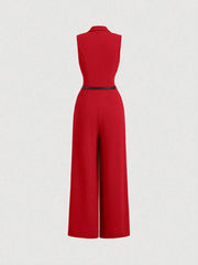 Elegant Lapel Neck Waist Wide Leg Jumpsuit, Casual Daily Women
