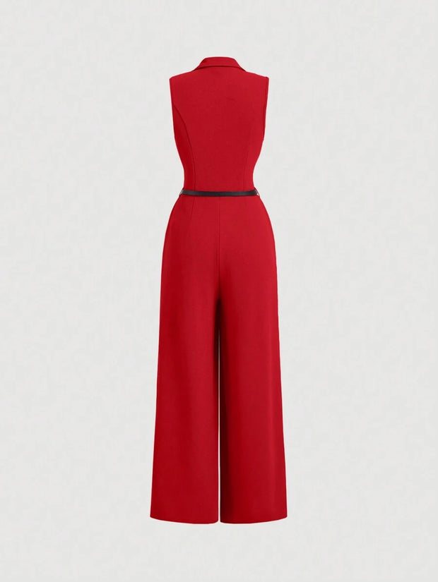 Elegant Lapel Neck Waist Wide Leg Jumpsuit, Casual Daily Women