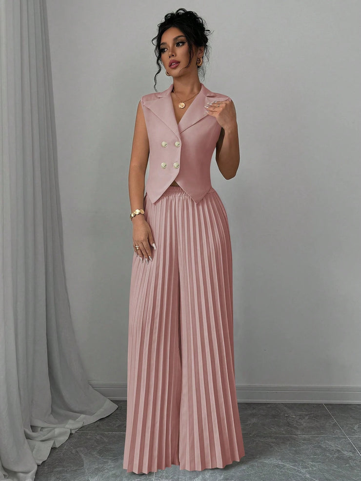 Elenzga Women Elegant Solid Color Notched Lapel Double Breasted Waistcoat And Wide Leg Pleated Suit Pants Set