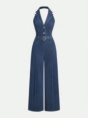 SHEIN MOD Women's Casual Denim Sleeveless Halter Jumpsuit