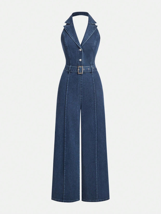 SHEIN MOD Women's Casual Denim Sleeveless Halter Jumpsuit