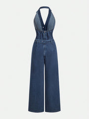 SHEIN MOD Women's Casual Denim Sleeveless Halter Jumpsuit