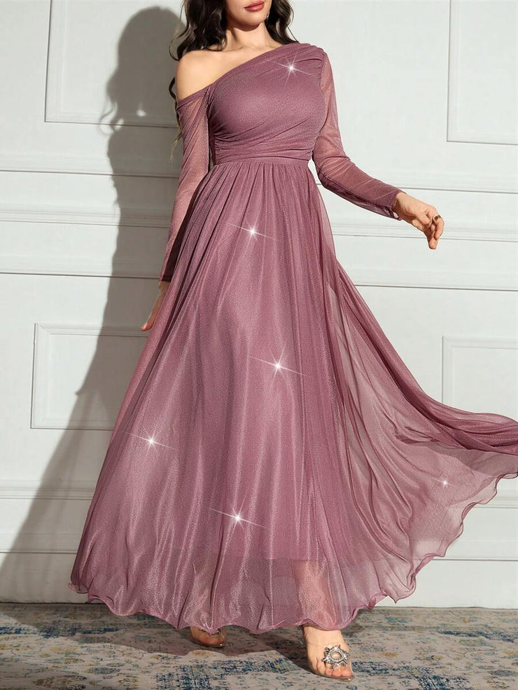 Modelyn Women's Solid Color Asymmetrical Neck Sparkly Glamorous Elegant Dress