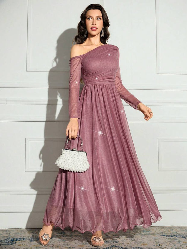 Modelyn Women's Solid Color Asymmetrical Neck Sparkly Glamorous Elegant Dress