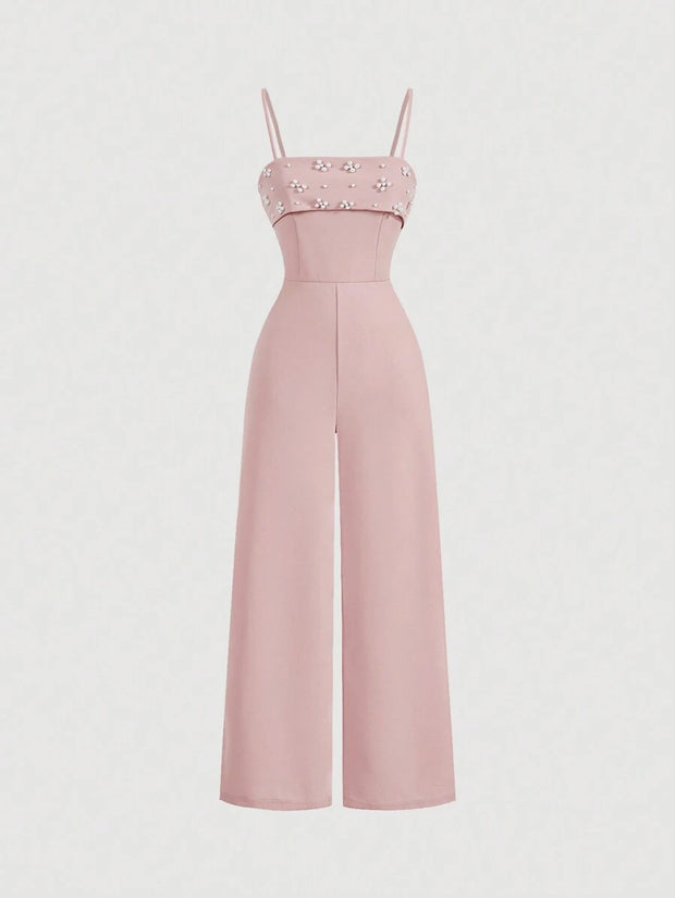 Pink Luxury Pearl Glitter Wide Leg Jumpsuit, Wedding Women Jumpsuit