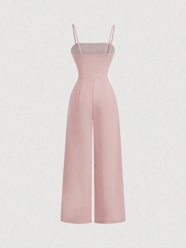 Pink Luxury Pearl Glitter Wide Leg Jumpsuit, Wedding Women Jumpsuit