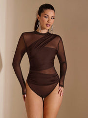 SHEIN BAE Black Asymmetric Lace-Up Long Sleeve See-Through Bodysuit For Women