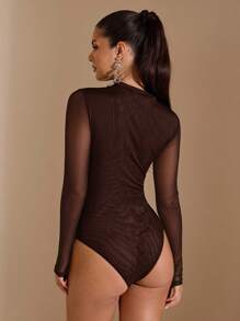 SHEIN BAE Black Asymmetric Lace-Up Long Sleeve See-Through Bodysuit For Women