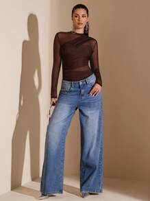 SHEIN BAE Black Asymmetric Lace-Up Long Sleeve See-Through Bodysuit For Women