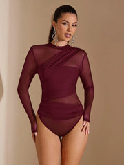 SHEIN BAE Black Asymmetric Lace-Up Long Sleeve See-Through Bodysuit For Women