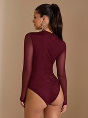 SHEIN BAE Black Asymmetric Lace-Up Long Sleeve See-Through Bodysuit For Women