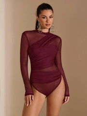 SHEIN BAE Black Asymmetric Lace-Up Long Sleeve See-Through Bodysuit For Women