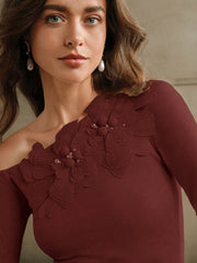 Anewsta Women's Floral Embroidered, Beaded & Rhinestone Decor One Shoulder Slim Fit Knit T-Shirt Top