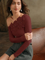 Anewsta Women's Floral Embroidered, Beaded & Rhinestone Decor One Shoulder Slim Fit Knit T-Shirt Top