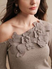 Anewsta Women's Floral Embroidered, Beaded & Rhinestone Decor One Shoulder Slim Fit Knit T-Shirt Top