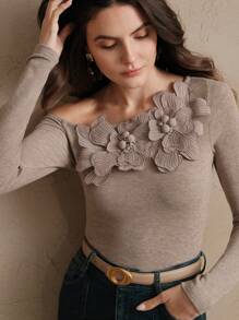 Anewsta Women's Floral Embroidered, Beaded & Rhinestone Decor One Shoulder Slim Fit Knit T-Shirt Top