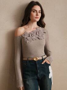 Anewsta Women's Floral Embroidered, Beaded & Rhinestone Decor One Shoulder Slim Fit Knit T-Shirt Top