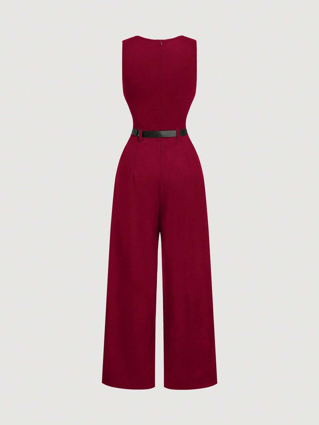SHEIN MOD 1pc Women Pleated Jumpsuit With Belt, Casual Style