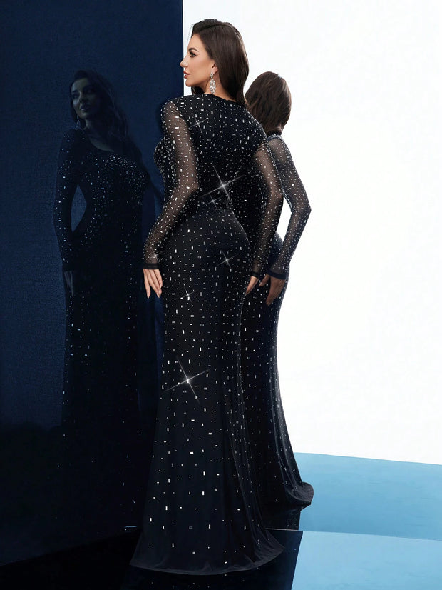 Noble Elegant Black Fantasy Hot Drill Rhinestone Women Fishtail Gown Dress