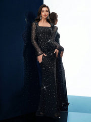 Noble Elegant Black Fantasy Hot Drill Rhinestone Women Fishtail Gown Dress