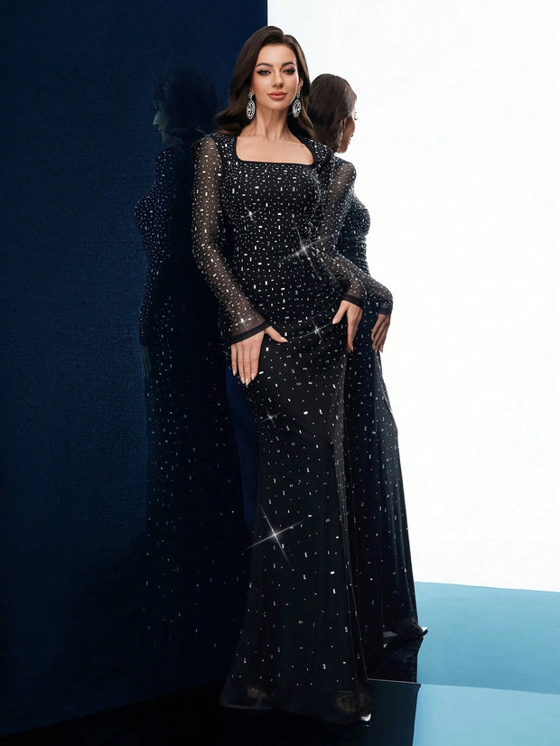 Noble Elegant Black Fantasy Hot Drill Rhinestone Women Fishtail Gown Dress