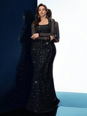 Noble Elegant Black Fantasy Hot Drill Rhinestone Women Fishtail Gown Dress